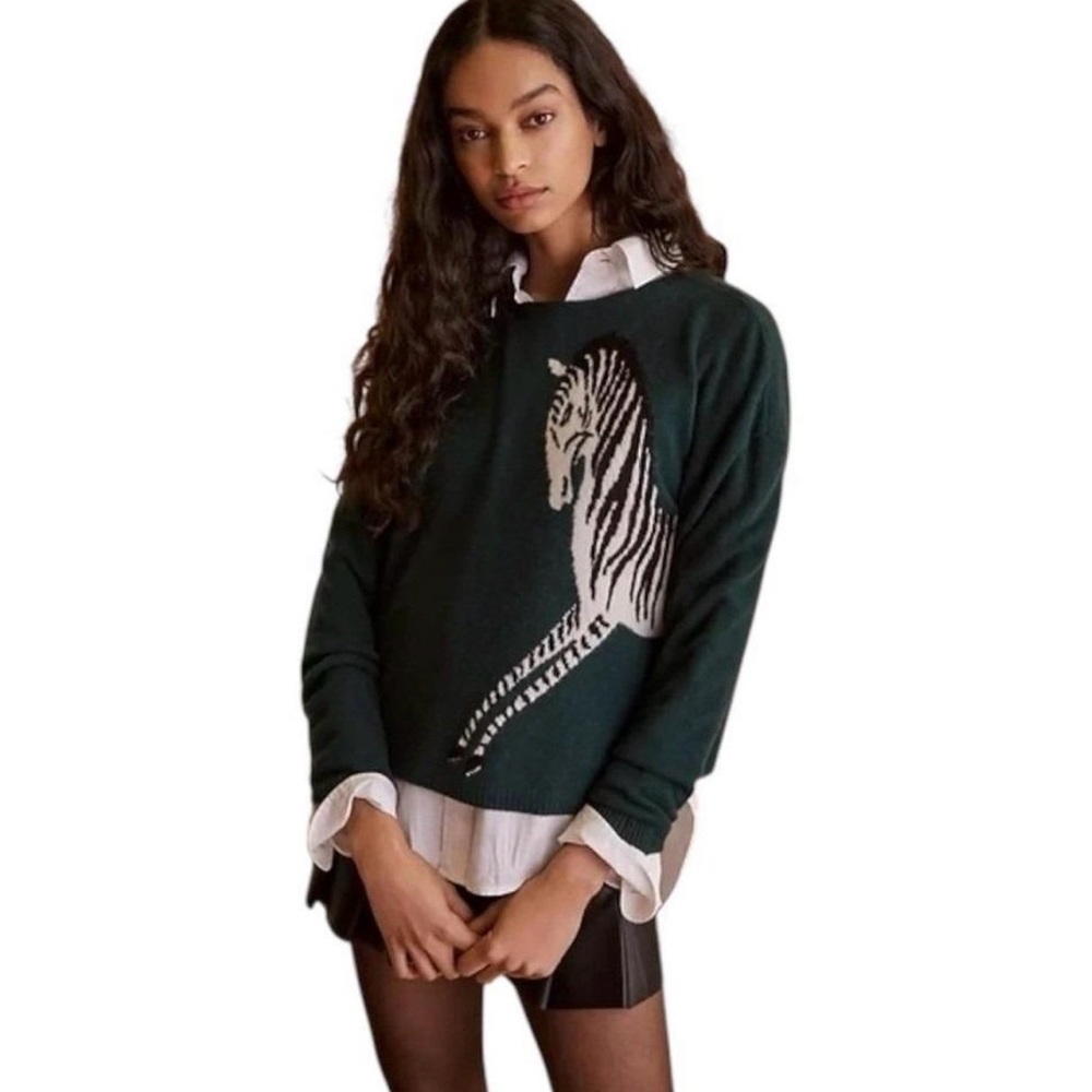 Anthropologie Maeva Dark Green Zebra Intarsia Knit Sweater